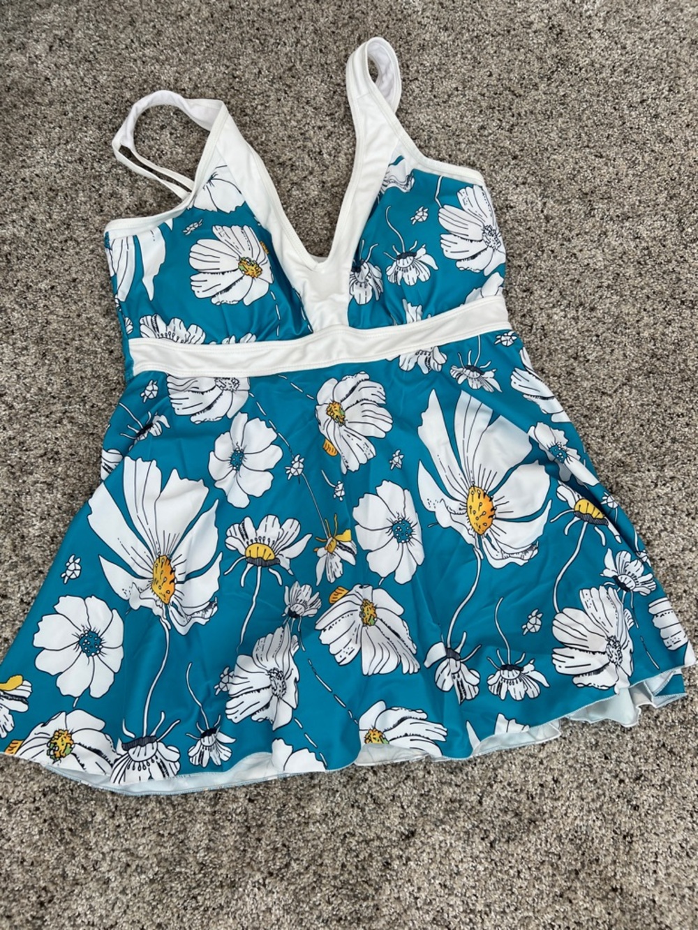 Teal Floral Tankini Dress Swim Top with White Trim
